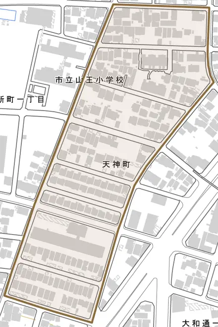 天神町とその周辺の地図。町の範囲を重ねている