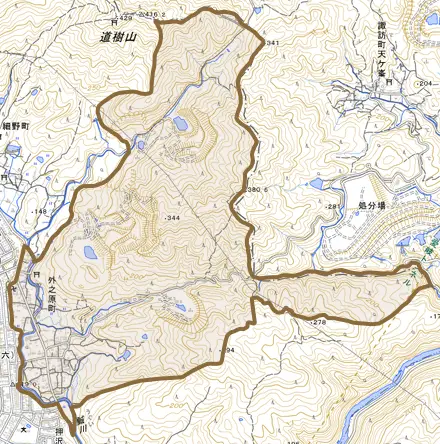 外之原町とその周辺の地図。町の範囲を重ねている