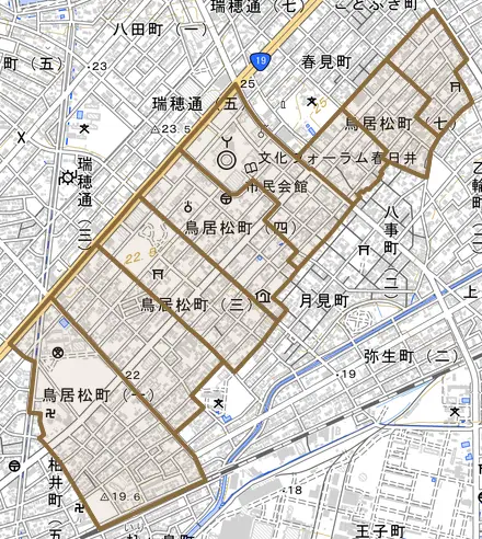 鳥居松町とその周辺の地図。町の範囲を重ねている