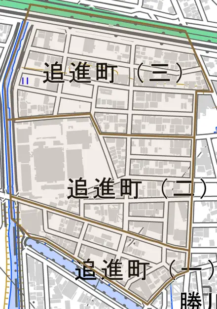 追進町とその周辺の地図。町の範囲を重ねている
