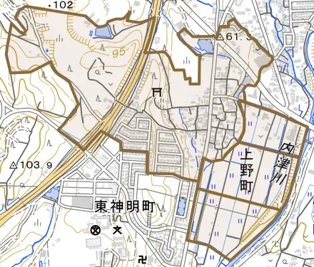 上野町とその周辺の地図。町の範囲を重ねている