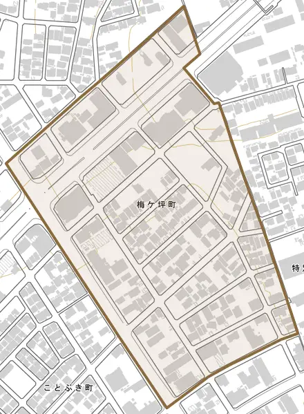梅ケ坪町とその周辺の地図。町の範囲を重ねている