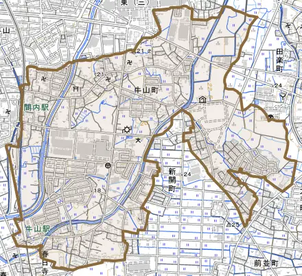 牛山町とその周辺の地図。町の範囲を重ねている