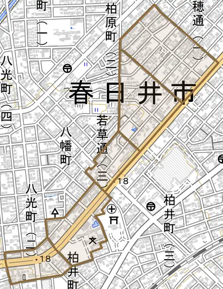 若草通とその周辺の地図。町の範囲を重ねている