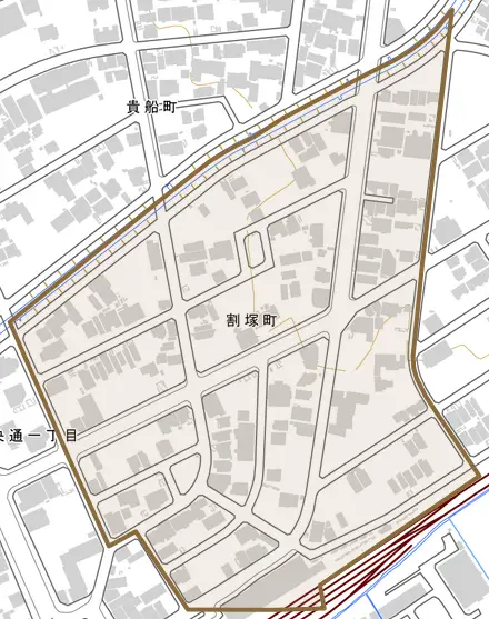 割塚町とその周辺の地図。町の範囲を重ねている