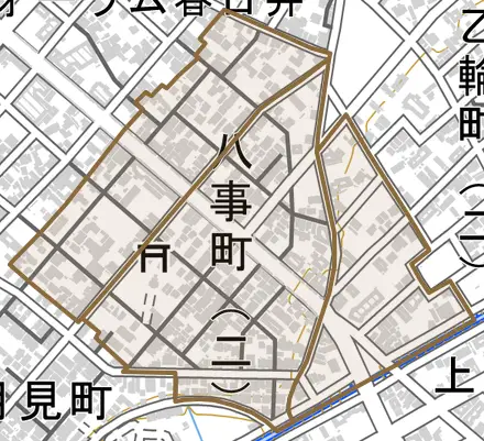 八事町とその周辺の地図。町の範囲を重ねている