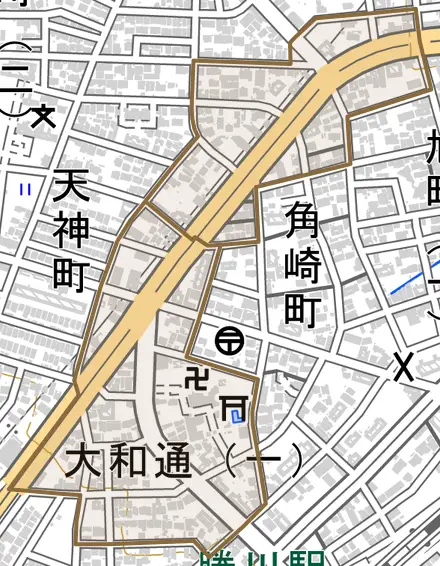 大和通とその周辺の地図。町の範囲を重ねている