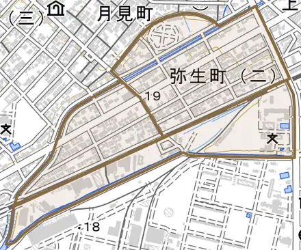 弥生町とその周辺の地図。町の範囲を重ねている