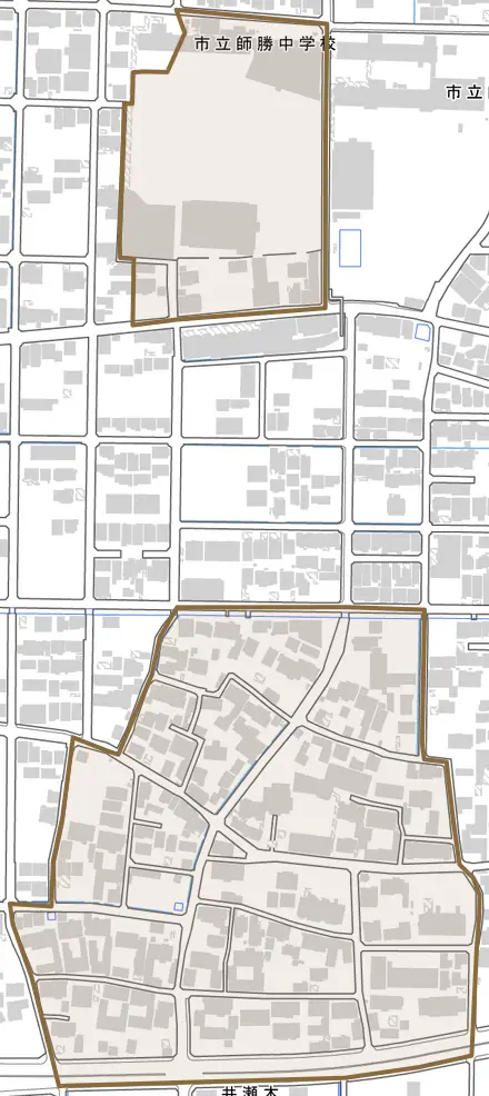 井瀬木とその周辺の地図。町の範囲を重ねている
