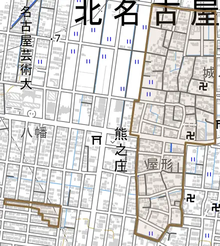 熊之庄とその周辺の地図。町の範囲を重ねている