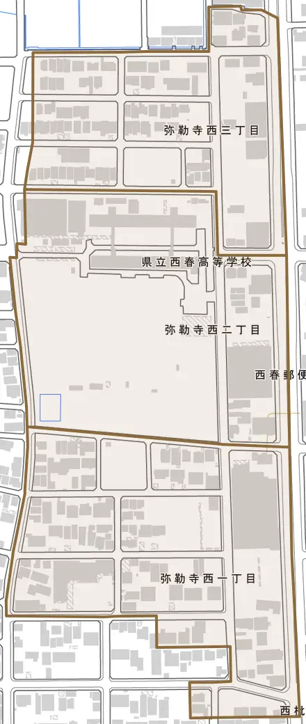 弥勒寺西とその周辺の地図。町の範囲を重ねている