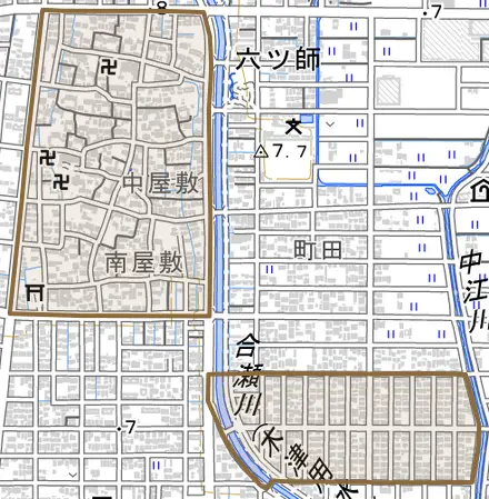 六ツ師とその周辺の地図。町の範囲を重ねている