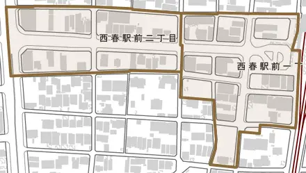 西春駅前とその周辺の地図。町の範囲を重ねている