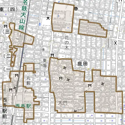 鹿田とその周辺の地図。町の範囲を重ねている