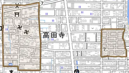 高田寺とその周辺の地図。町の範囲を重ねている