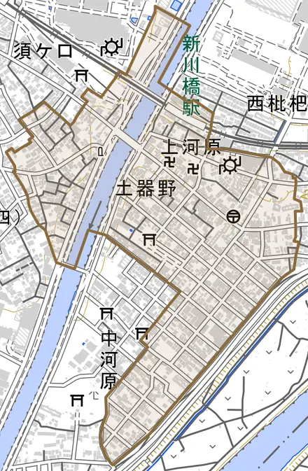 土器野とその周辺の地図。町の範囲を重ねている
