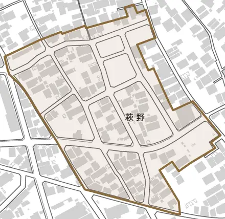 萩野とその周辺の地図。町の範囲を重ねている