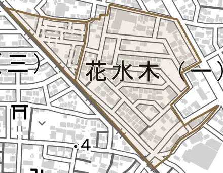 花水木とその周辺の地図。町の範囲を重ねている