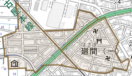 廻間とその周辺の地図。町の範囲を重ねている