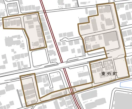 東外町とその周辺の地図。町の範囲を重ねている