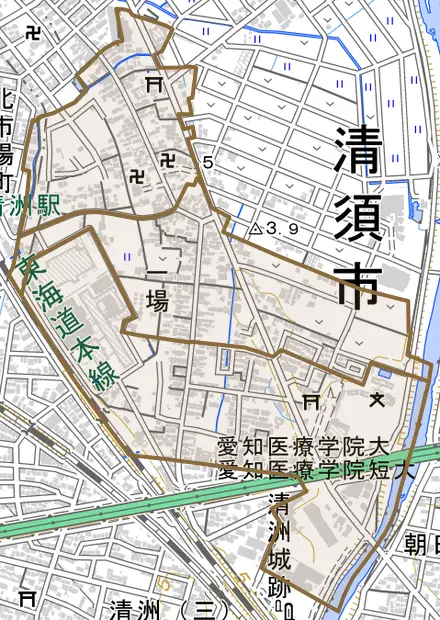一場とその周辺の地図。町の範囲を重ねている