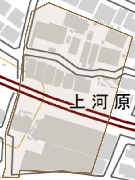 上河原とその周辺の地図。町の範囲を重ねている
