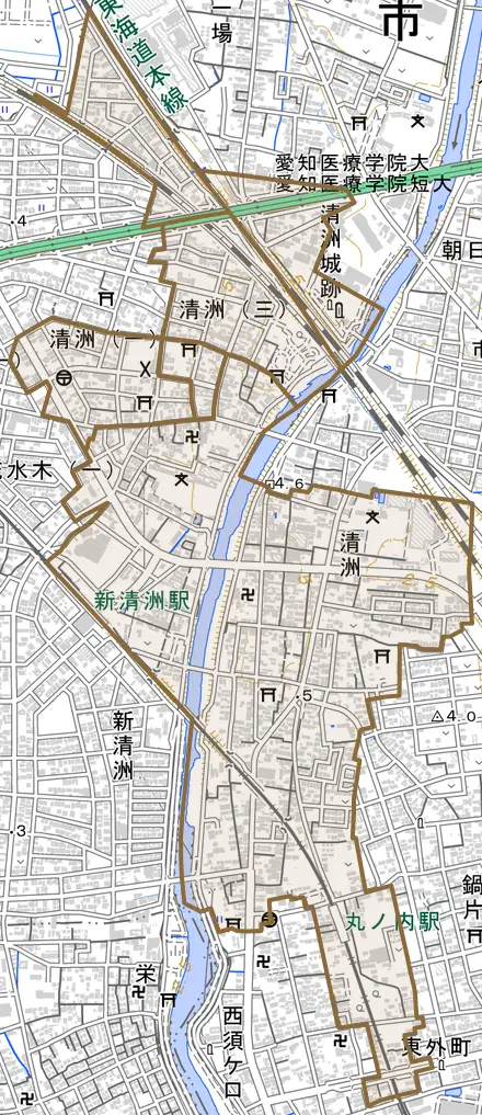 清洲とその周辺の地図。町の範囲を重ねている