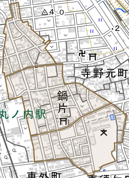 鍋片とその周辺の地図。町の範囲を重ねている