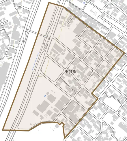 中河原とその周辺の地図。町の範囲を重ねている
