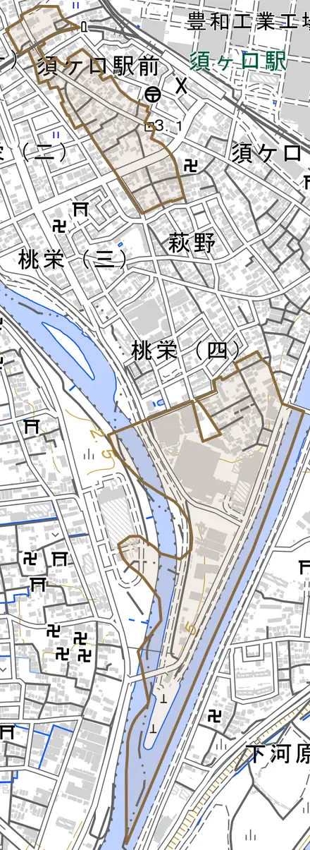 西堀江とその周辺の地図。町の範囲を重ねている