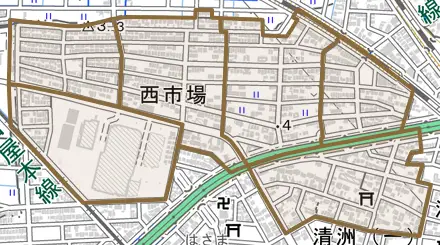 西市場とその周辺の地図。町の範囲を重ねている
