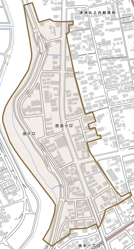西須ケ口とその周辺の地図。町の範囲を重ねている