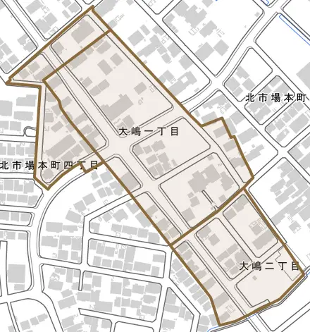 大嶋とその周辺の地図。町の範囲を重ねている