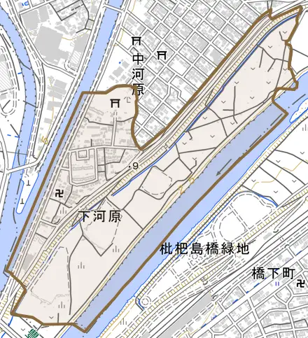 下河原とその周辺の地図。町の範囲を重ねている