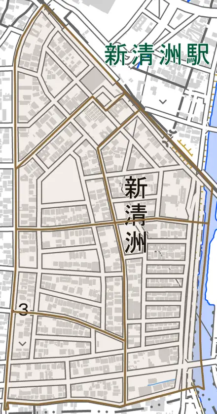 新清洲とその周辺の地図。町の範囲を重ねている
