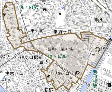 須ケ口とその周辺の地図。町の範囲を重ねている
