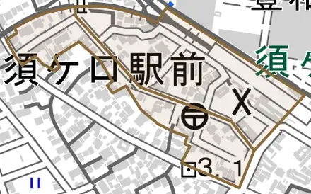 須ケ口駅前とその周辺の地図。町の範囲を重ねている