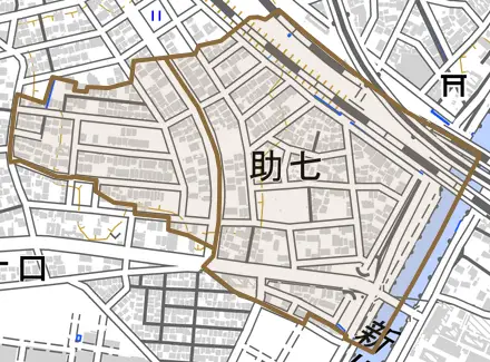 助七とその周辺の地図。町の範囲を重ねている