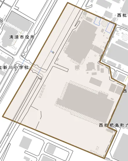 西枇杷島町南子新田とその周辺の地図。町の範囲を重ねている