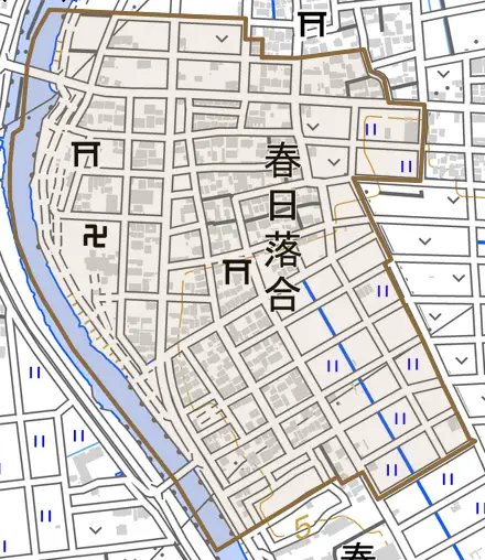 落合とその周辺の地図。町の範囲を重ねている