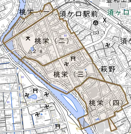 桃栄とその周辺の地図。町の範囲を重ねている