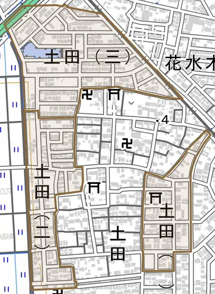土田とその周辺の地図。町の範囲を重ねている