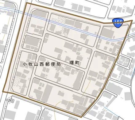 曙町とその周辺の地図。町の範囲を重ねている