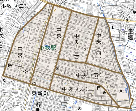 中央とその周辺の地図。町の範囲を重ねている