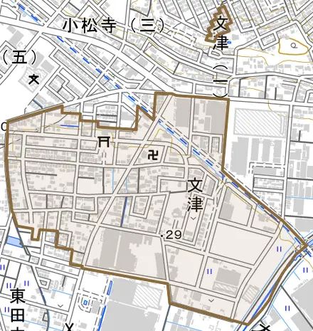 大字文津とその周辺の地図。町の範囲を重ねている