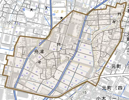 大字舟津とその周辺の地図。町の範囲を重ねている
