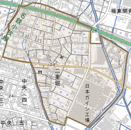 大字二重堀とその周辺の地図。町の範囲を重ねている