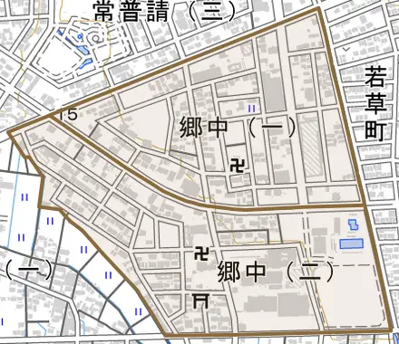 郷中とその周辺の地図。町の範囲を重ねている
