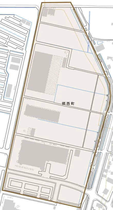 郷西町とその周辺の地図。町の範囲を重ねている