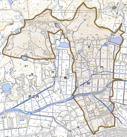 大字林とその周辺の地図。町の範囲を重ねている